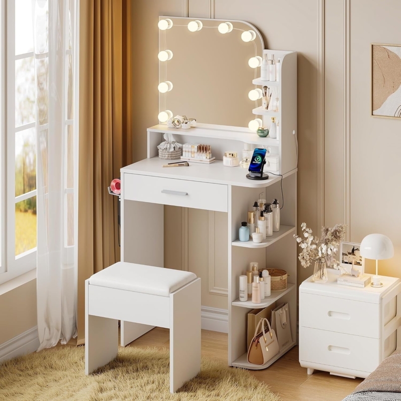 Compact Vanity Set with Tiered Shelves & Hollywood Lights