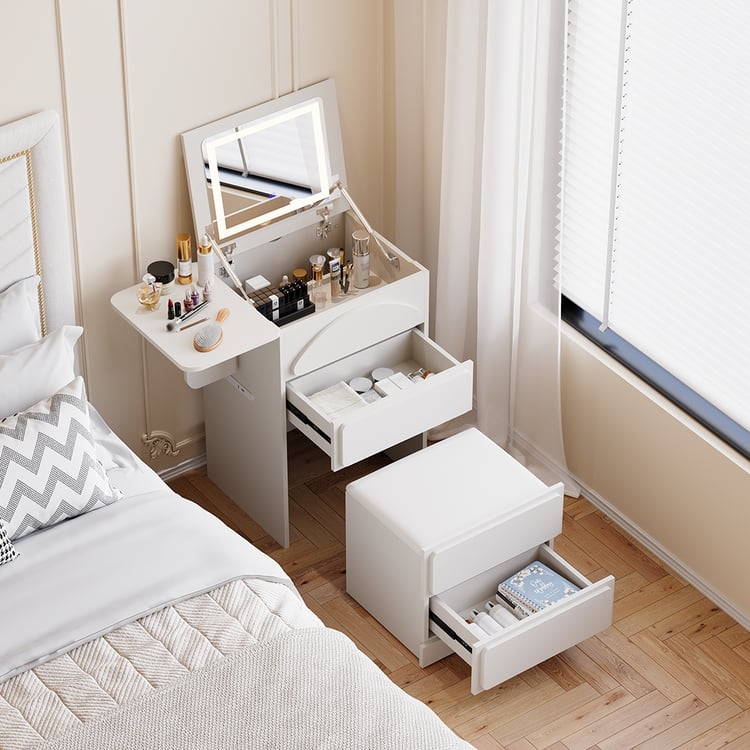 Compact White Flip Top Vanity Mirror Hidden Storage Stool Set
