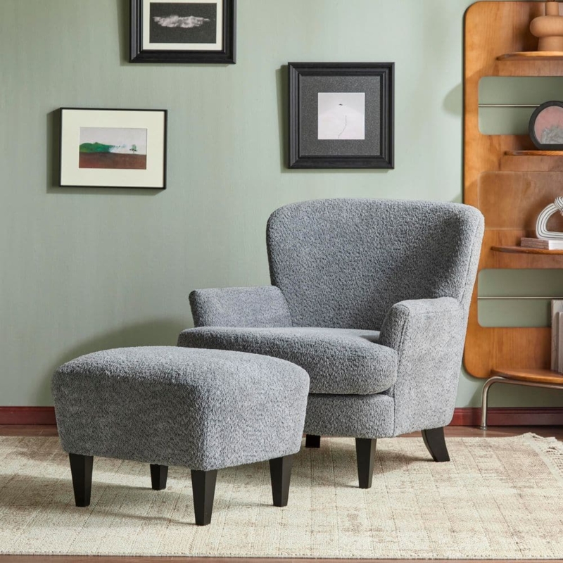 Contemporary Accent Chair Set with Bouclé Texture and Matching Ottoman