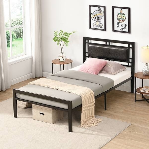 Contemporary Bed Frame with Geometric Headboard and Upholstered Insert