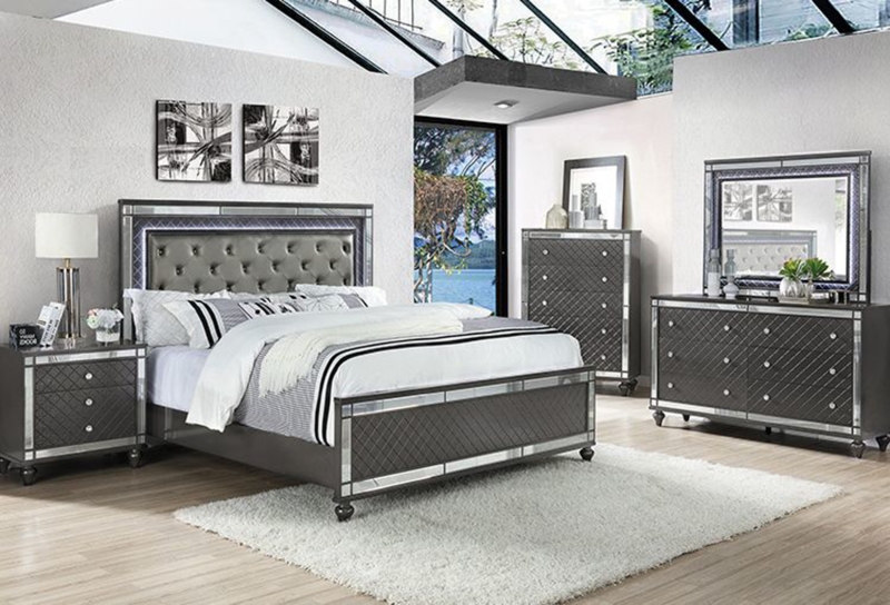 Contemporary Bedroom Set Grey Wood Grain Charcoal Tufted Headboard Silver