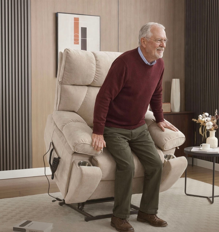 Contemporary Beige Power Lift Recliner with Integrated Cup Holders