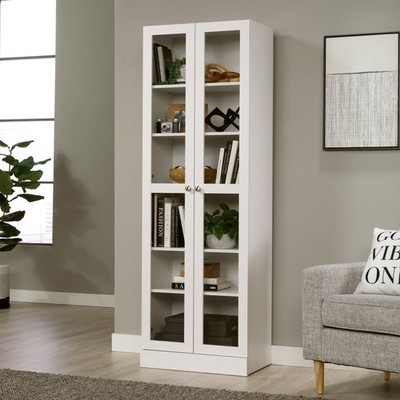 Contemporary Bookcase in White with Four Framed Glass Doors