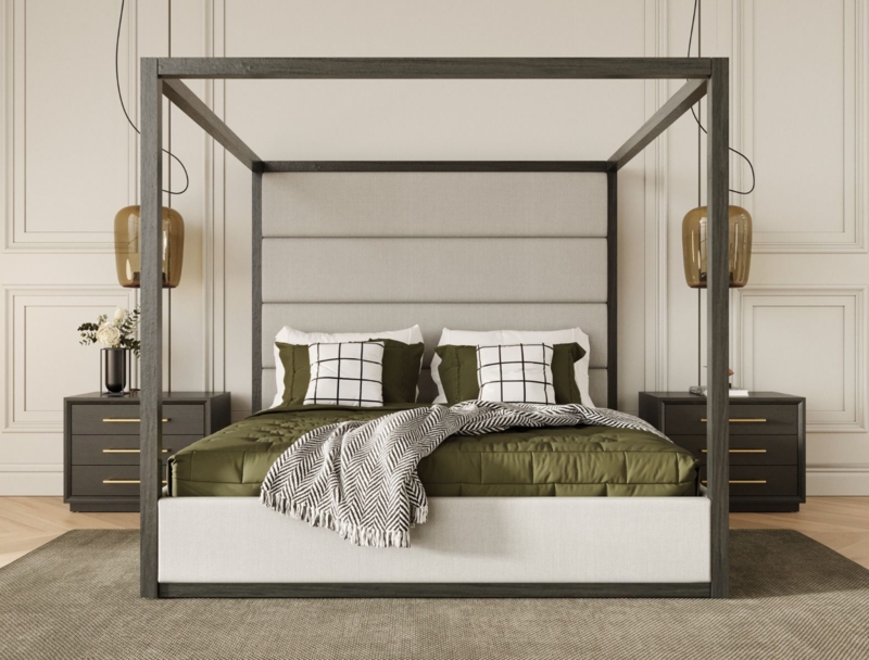 Contemporary Canopy Bed with Horizontal Paneled Headboard in Charcoal Grey