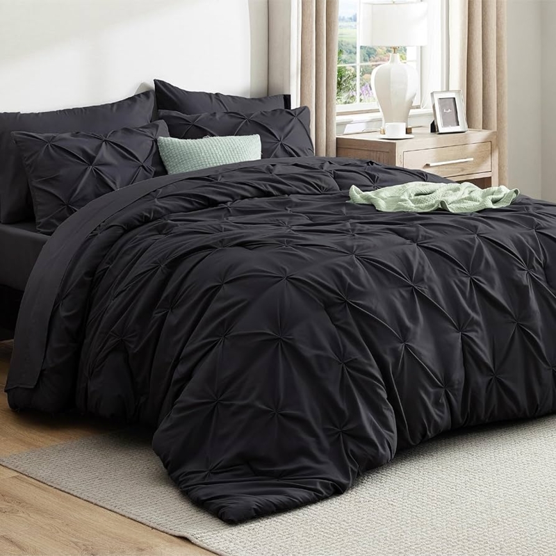 Contemporary Comforter Set Black Pinch Pleat Design Matte Fabric