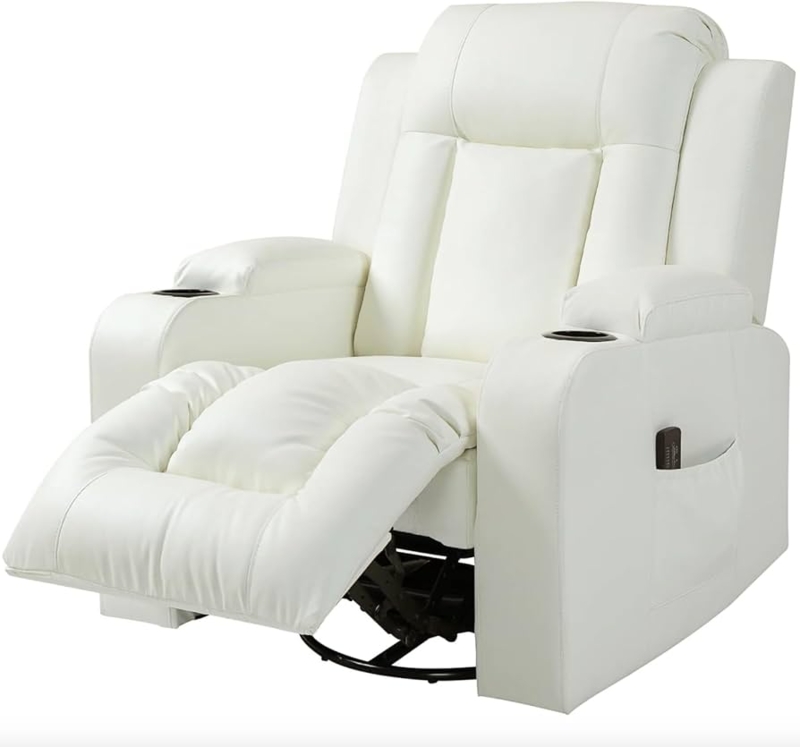 Contemporary Cream Massage Recliner with Side Storage Pocket