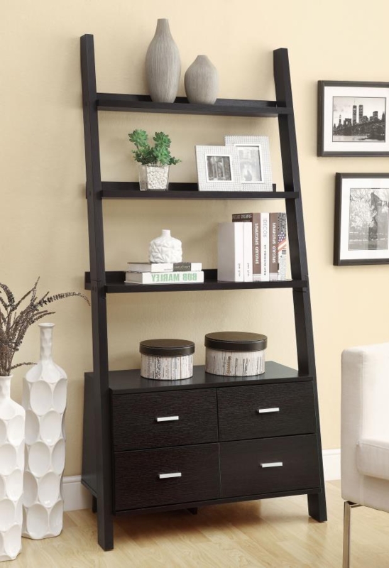 Contemporary Dark Wood Bookshelf Ladder Cappuccino 5-Shelf 4 Drawers