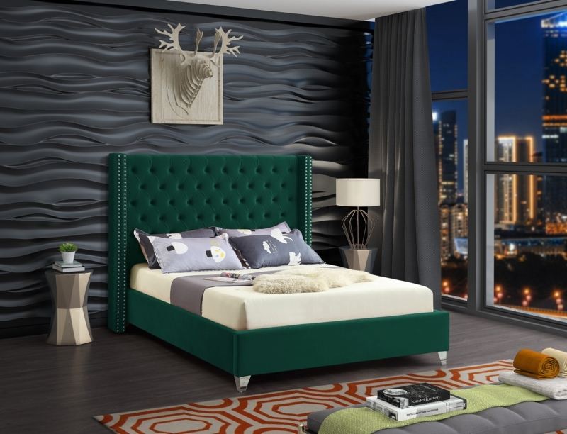 Contemporary Forest Green Upholstered Bed with Channel Tufting