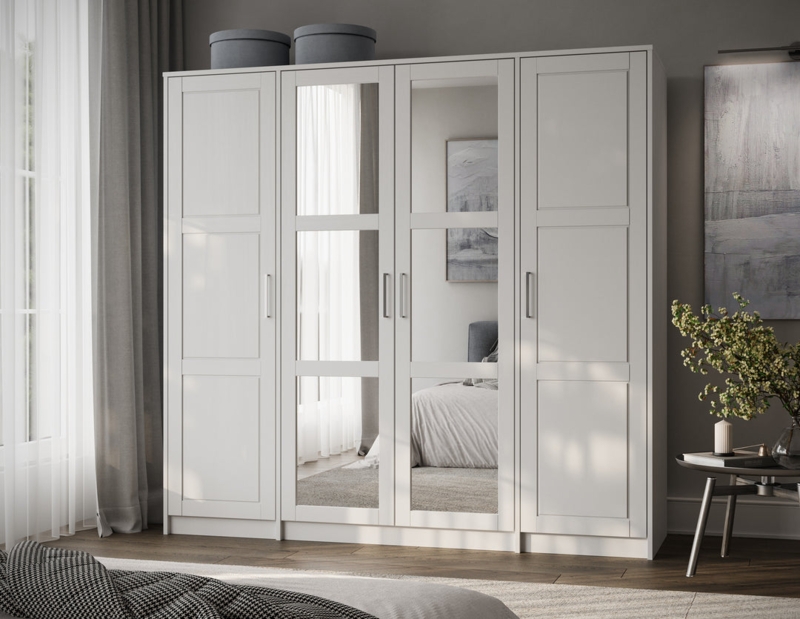 Contemporary Four Door Wardrobe Armoire with Mirrored Center Panels