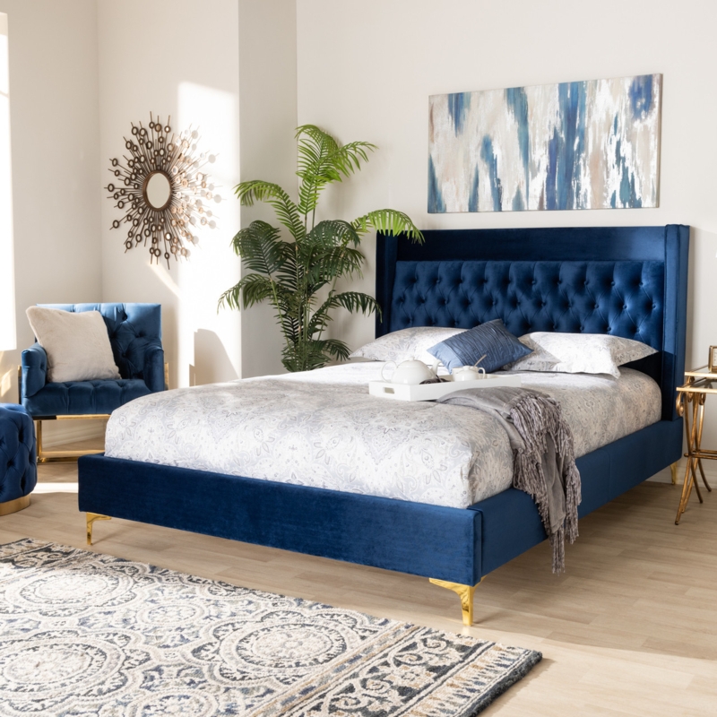 Contemporary Glam Platform Bed Navy Velvet Gold Tapered Legs