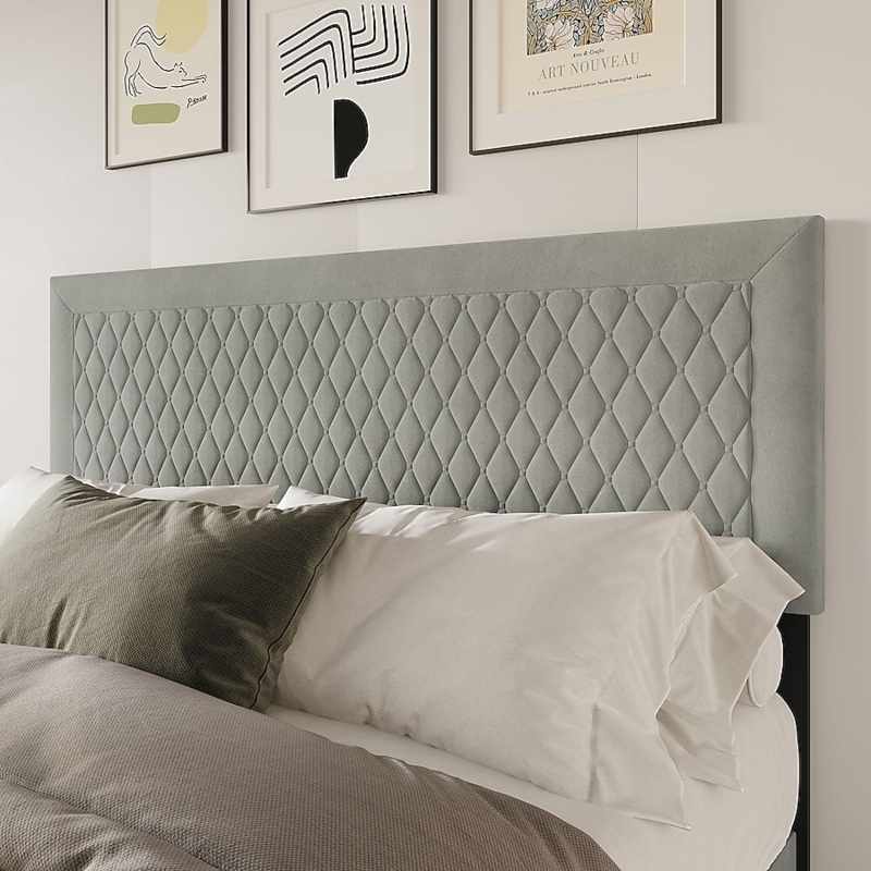 Contemporary Headboard Wide Border Grey Velvet Diamond Tufted