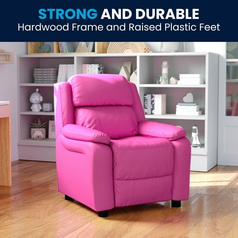 Contemporary Kids Recliner with Storage Arms, Hot Pink Vinyl