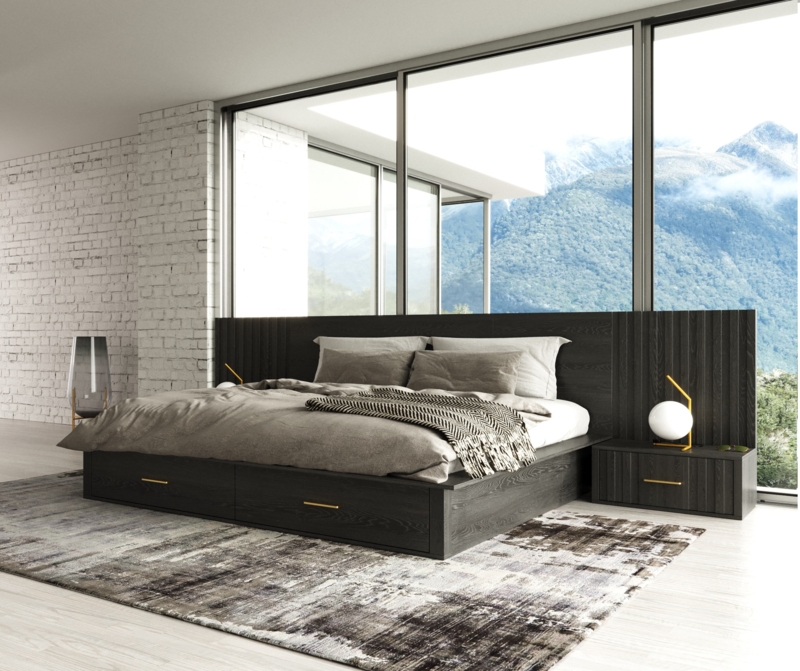 Contemporary Platform Bed Charcoal Ribbed Extended Headboard Storage