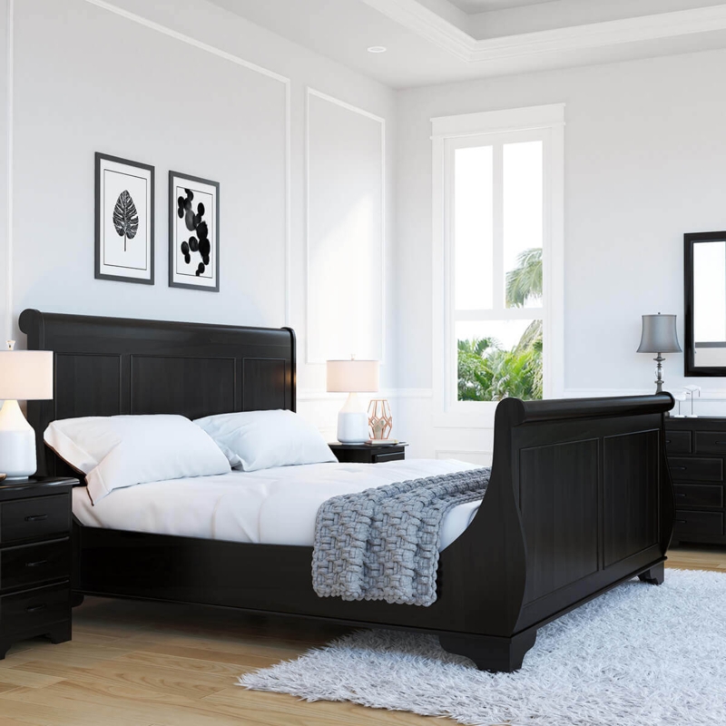 Contemporary Platform Sleigh Bed in Dark Espresso Finish