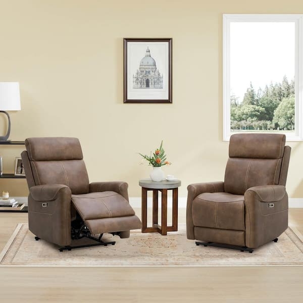 Contemporary Power Recliner with USB Port in Warm Brown