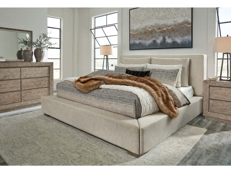 Contemporary Upholstered Bed Beige Linen Thick Rails