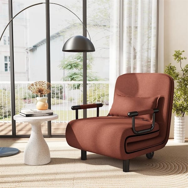 Convertible Sleeper Chair in Terracotta Fabric with Folding Mechanism and Tubular Arms