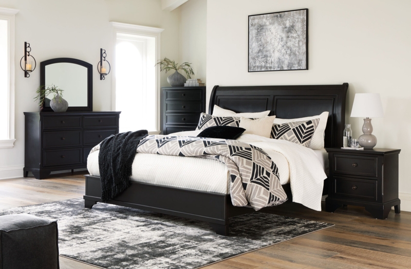 Coordinated Bedroom Set with Sleigh Bed and Arched Mirror