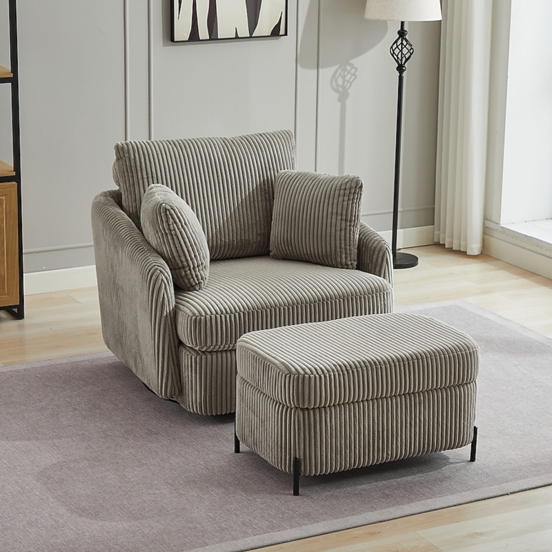 Corduroy Swivel Accent Chair with Ottoman and Ribbed Texture