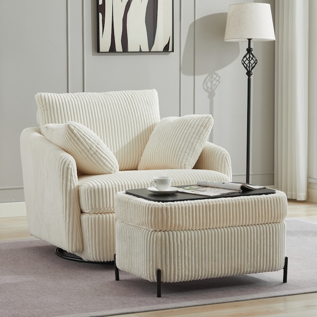 Corduroy Swivel Chair: Wide Wale Fabric with Ottoman Set