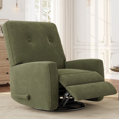 Corduroy Swivel Recliner Sage Green Ribbed Fabric Button Tufted