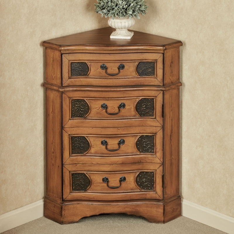 Corner Accent Cabinet Medium Brown Faux Drawer Fronts & Metal Plates