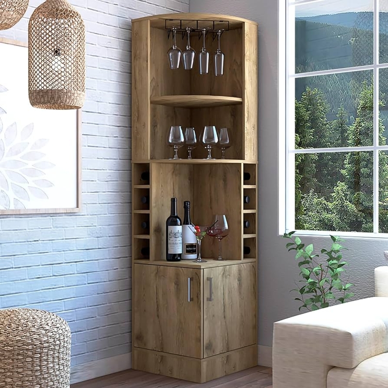 Corner Bar Cabinet in Oak Finish with Integrated Bottle Rack