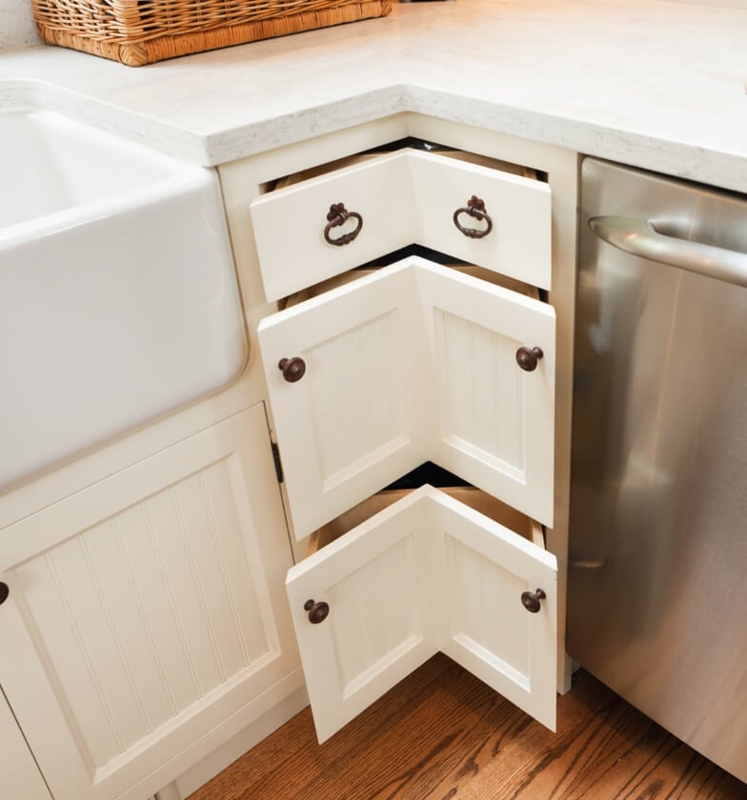 Corner Base Cabinet Cream Angled Drawers & Beadboard Panels