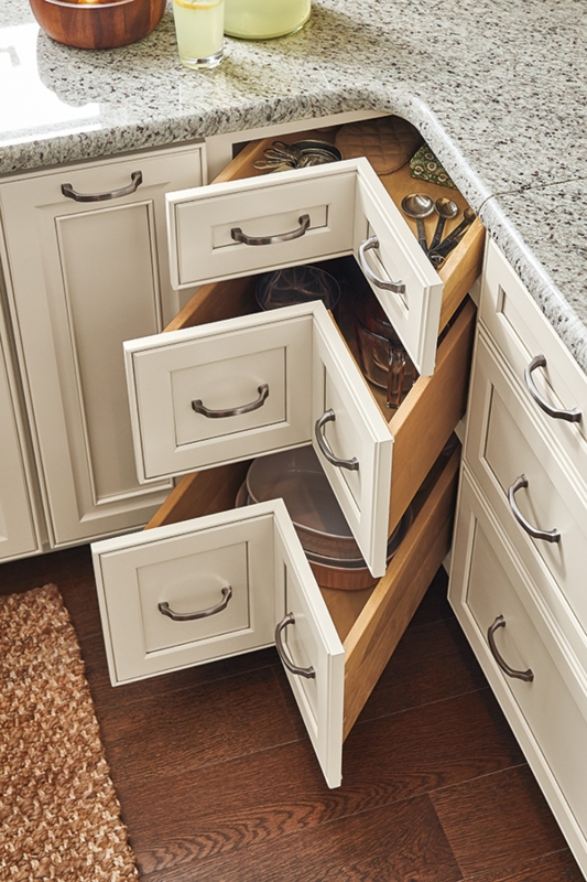 Corner Base Cabinet Cream L-Shaped Drawers & Bronze Hardware
