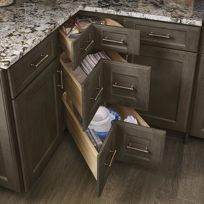 Corner Base Cabinet Dark Wood Angled Fronts & Tiered Drawers