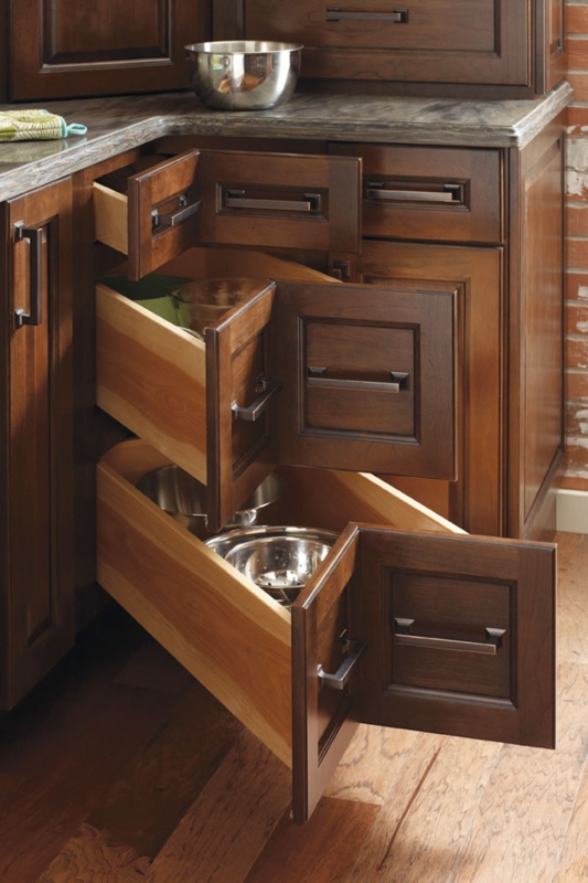 Corner Base Cabinet Dark Wood V-Shaped Fronts & Recessed Panels