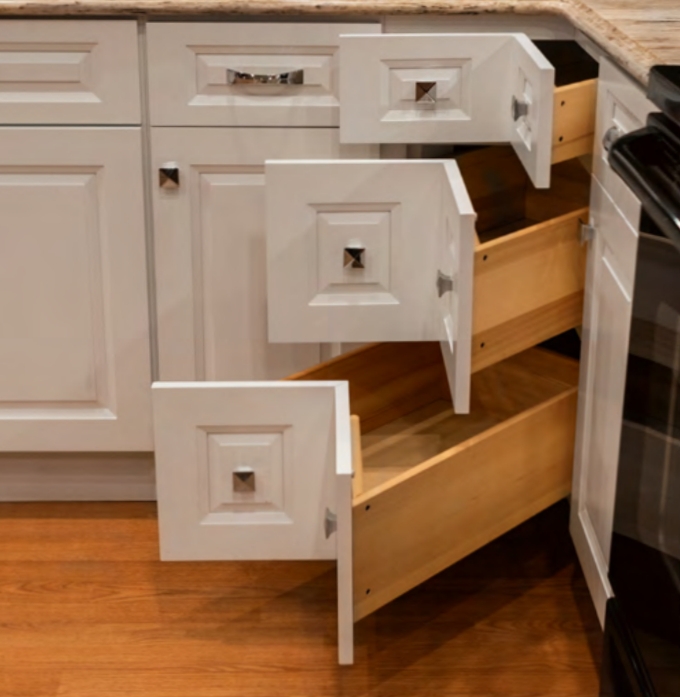 Corner Base Cabinet White Shaker V-Shaped Drawers & Pyramid Knobs