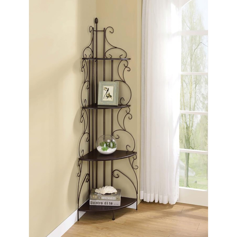 Corner Bookcase 4-Shelf Scrolled Metal Frame Cappuccino Finish