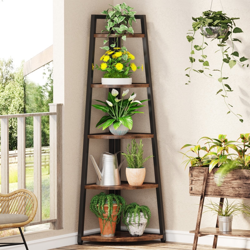 Corner Bookcase 5-Tier Black Metal Frame Ladder Style Industrial
