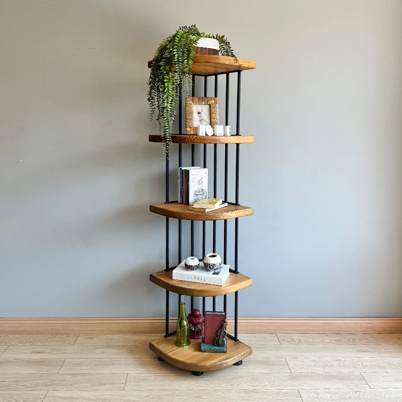 Corner Bookcase 5-Tier Thick Wood Shelves Black Metal Rods