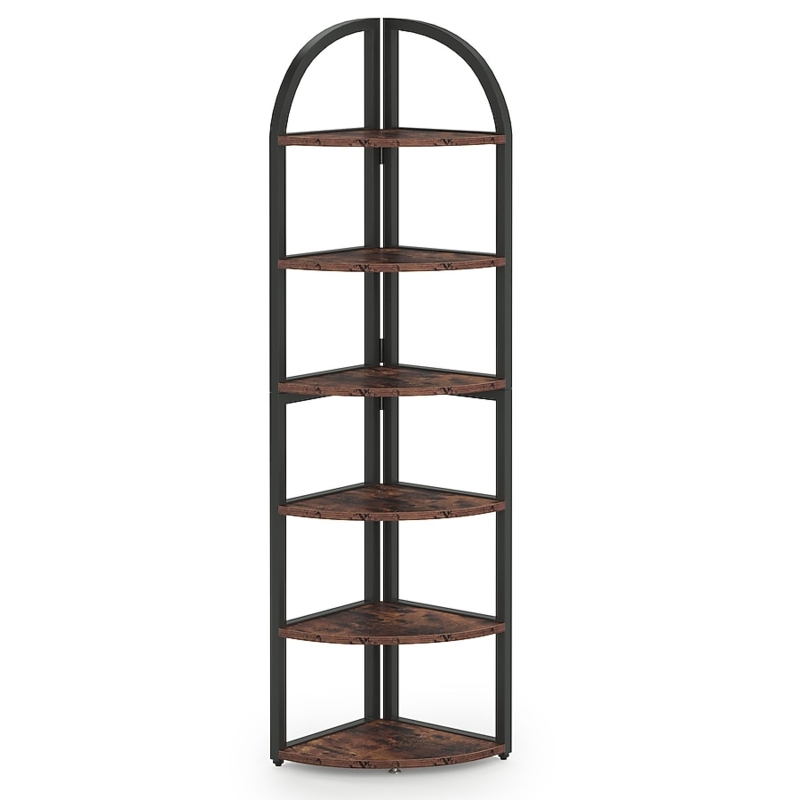 Corner Bookcase 6-Tier Arched Top Industrial Black Metal Dark Wood
