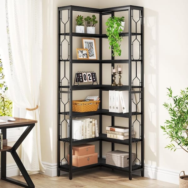 Corner Bookcase 7-Tier L-Shaped with Geometric Lattice