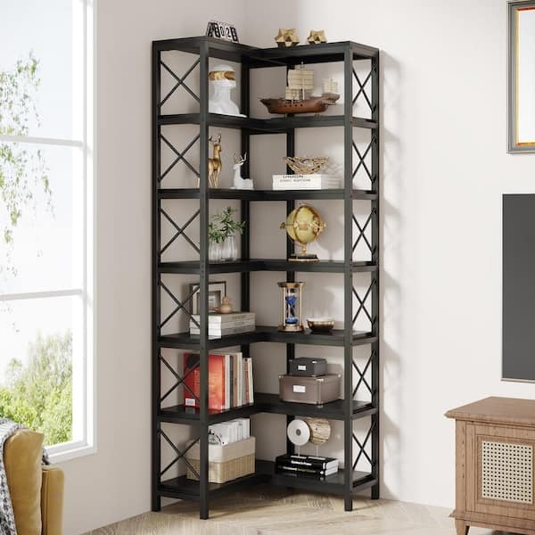 Corner Bookcase 7-Tier L-Shaped with X-Cross Bracing