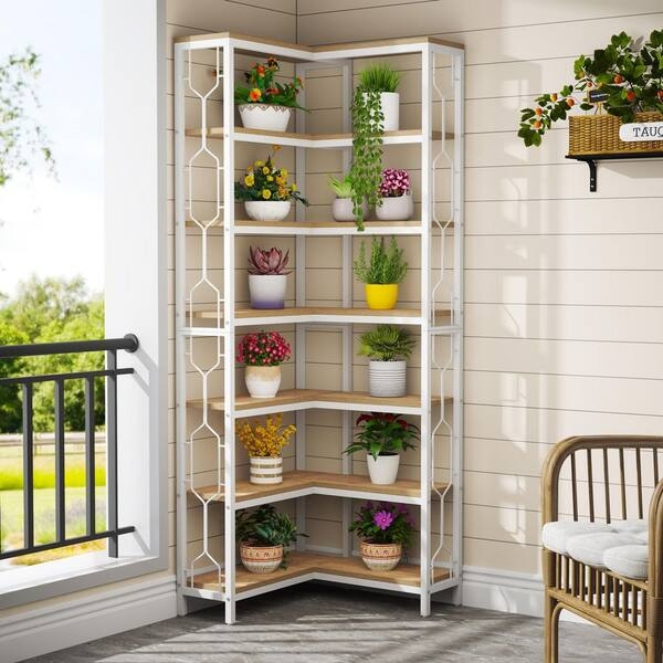 Corner Bookcase 7-Tier White Metal Frame Light Wood Industrial