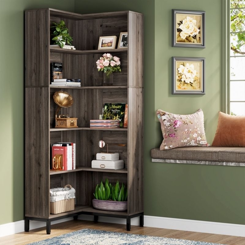 Corner Bookcase Gray Wood Grain Five-Tier L-Shaped Metal Legs