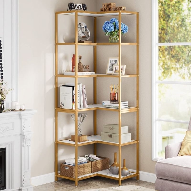 Corner Bookcase L-Shaped 6-Tier Gold Metal Marble Pattern Glam