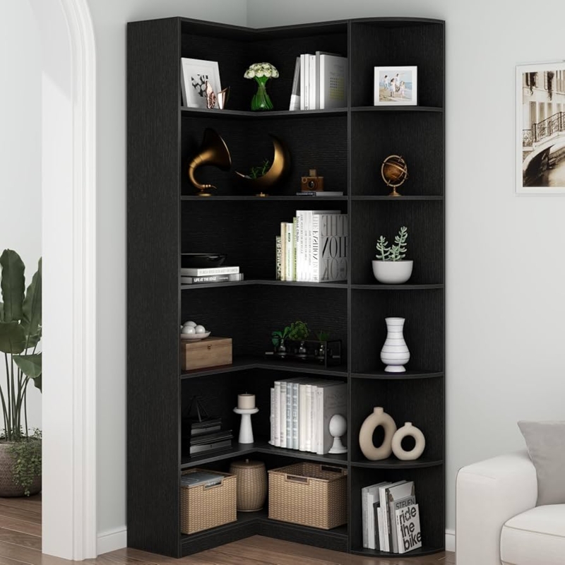 Corner Bookcase L-Shaped Black Wood Grain Curved Shelves