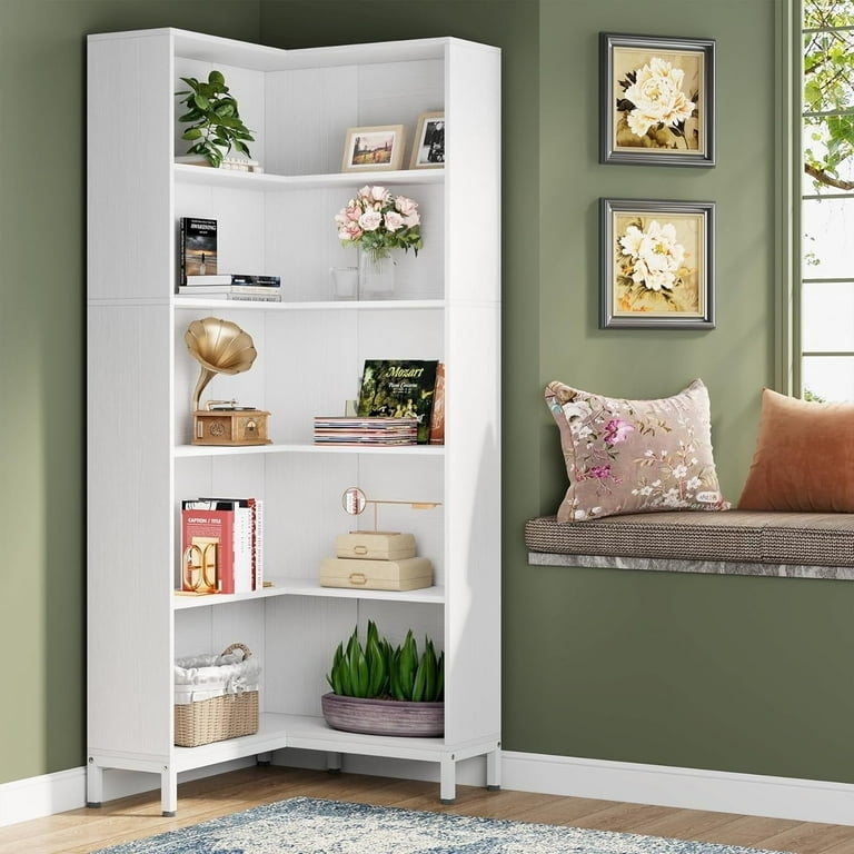 Corner Bookcase L-Shaped Silhouette White Wood Finish Six-Tier