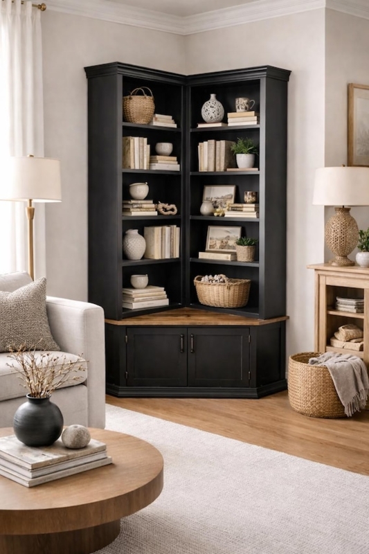 Corner Bookcase L-Shaped with Two-Tone Cabinet Base