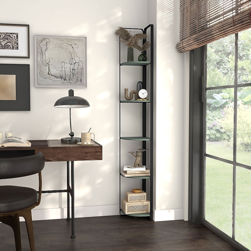 Corner Bookcase Sage Green Shelves Black Metal Frame