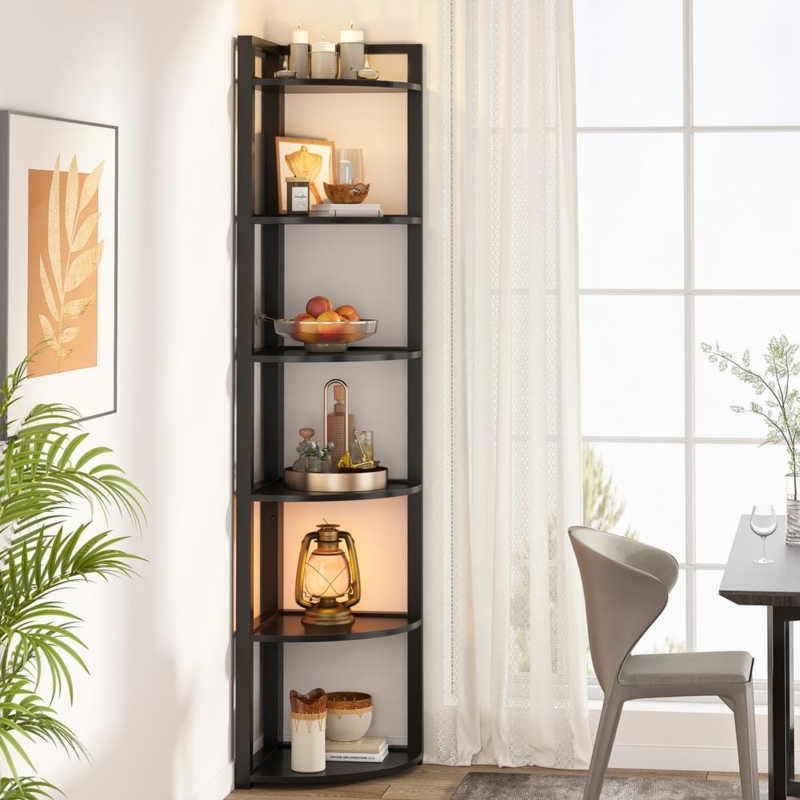 Corner Bookcase Slim Profile with Curved Front Shelves