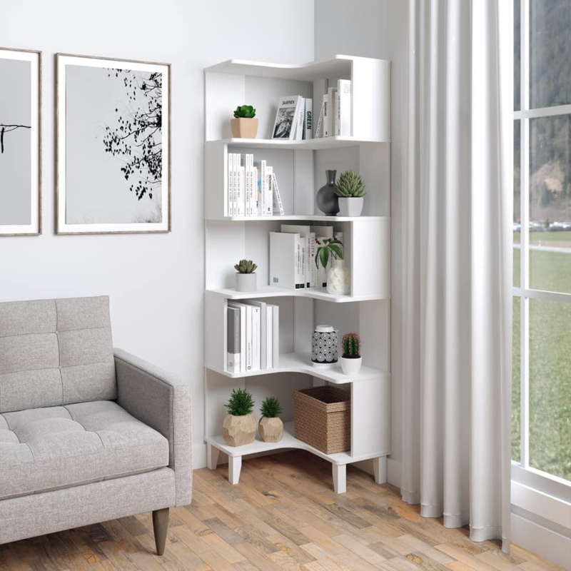 Corner Bookcase, Staggered Shelves 6-Tier L-Shaped Unit
