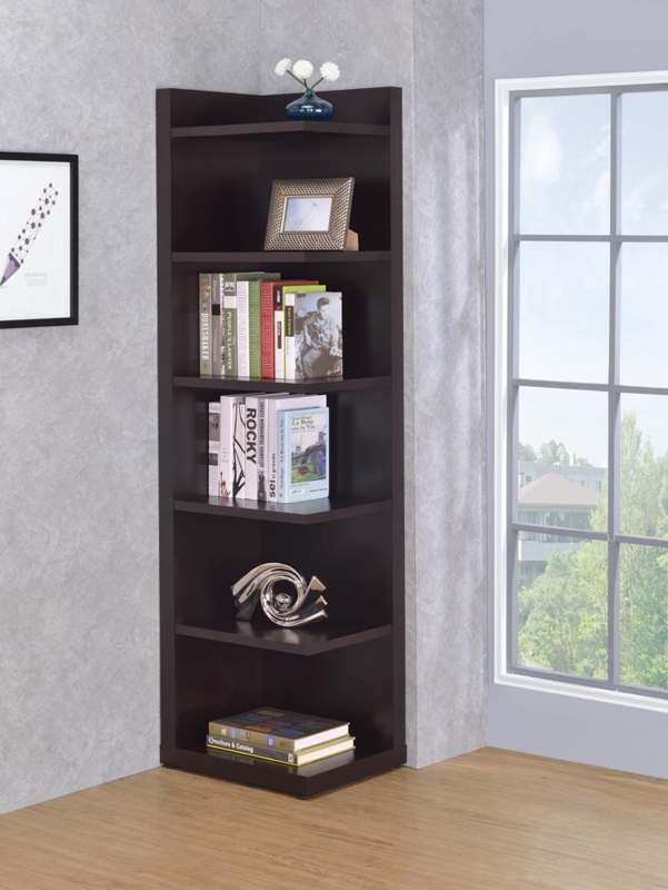 Corner Bookcase Transitional Cappuccino Finish 5-Tier