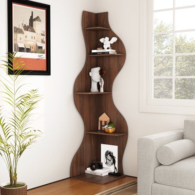Corner Bookcase Walnut Toned 5 Tier Wavy Silhouette Unique