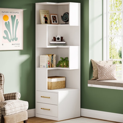 Corner Bookcase White L Shaped With Drawers Gold Hardware